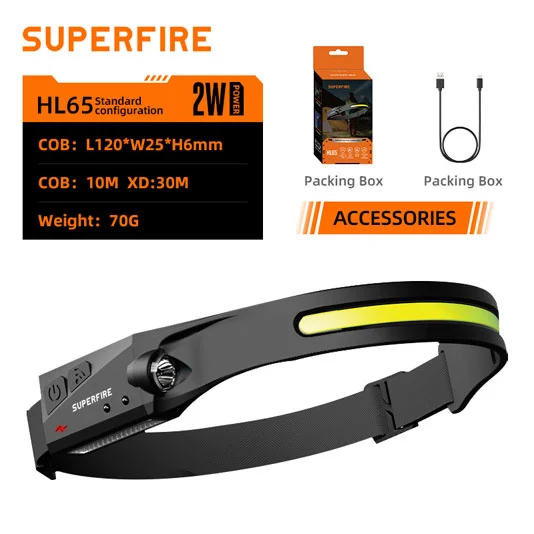 Перезаряжаемый налобный фонарь серии SUPERFIRE HL65 с датчиком движения